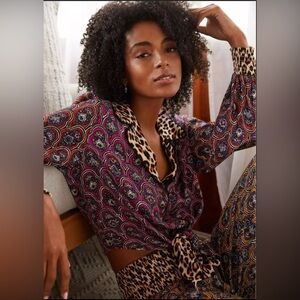 Anthropologie Printed Button-Front Top in Magenta and Leopard